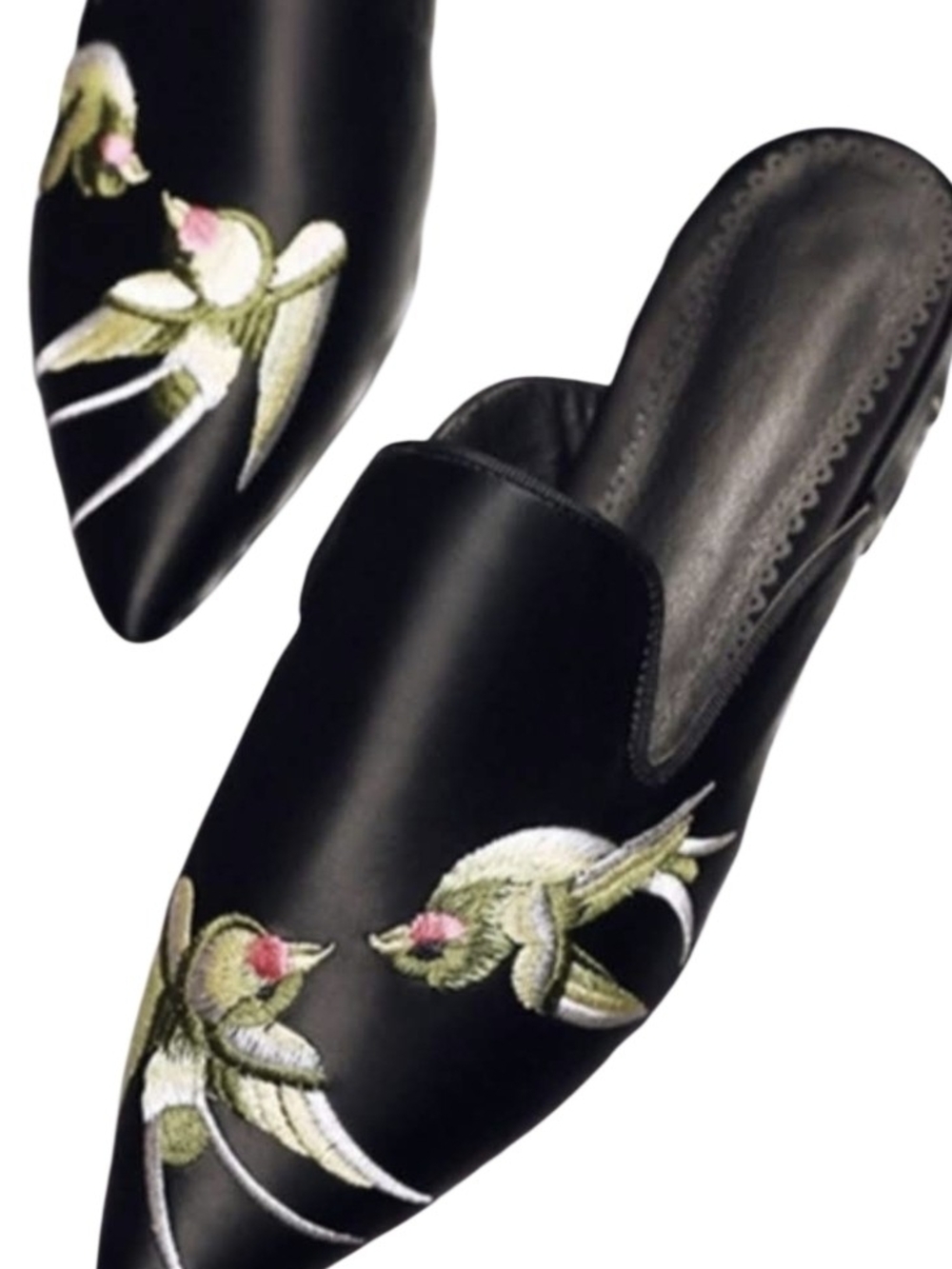 Black Pointed-Toe Slip-On Mules with Bird Embroidery NEW